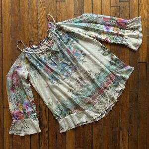 Johnny Was Daria 100% Silk Top Women‎ S Floral Cold Shoulder Ruffle Flowy Boho
